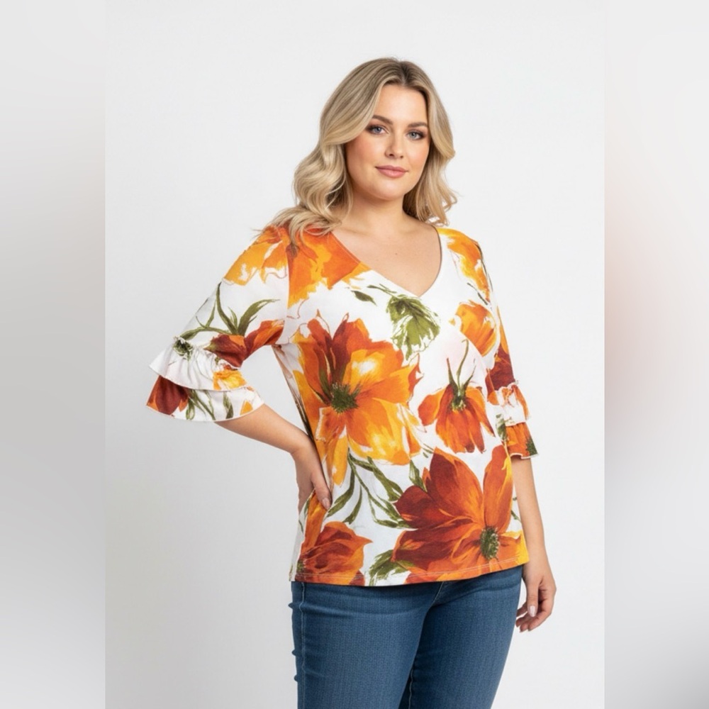 Karen Kane Top Womens 1X Plus Tangerine Floral Festival Faux Wrap Layered Ruffle